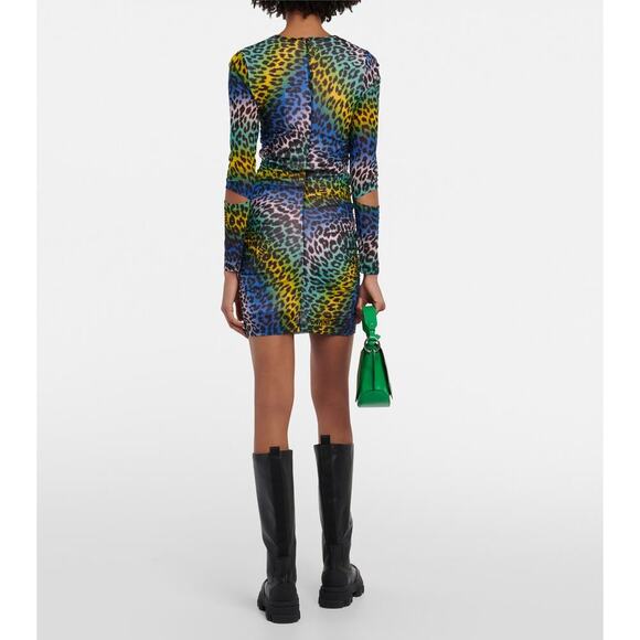 Ganni Leopard Print Cutout Mini Dress Multicolor Size 4 - Picture 2 of 8